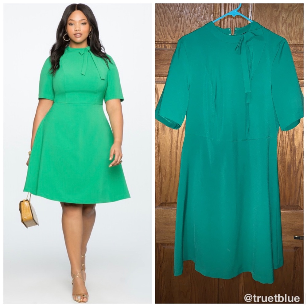 Eloquii Green Tie-Neck Fit-and-Flare Dress
